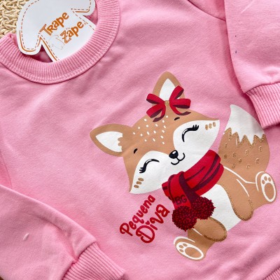 Conj. Casaco de Moletom Pequena Diva e Calça Legging Raposinha e Frutinhas - Rosa